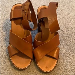 Brown leather ankle strapped heel sandals